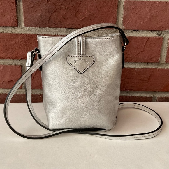 NEW Longchamp Roseau XS Crossbody Silver Leather Bucket Bag NWT - Picture 13 of 16